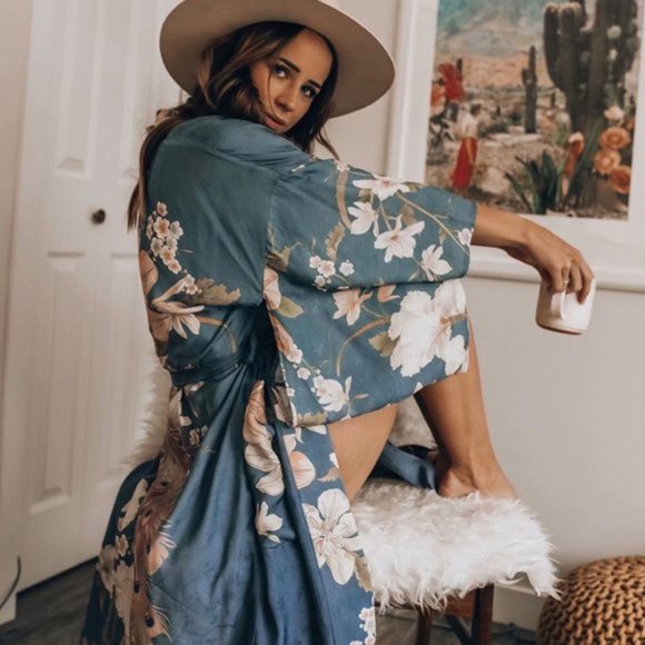 New Boho Floral Kimono Blue Maxi Duster Cardigan - Picture 3 of 8
